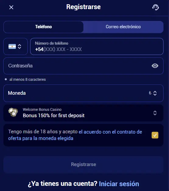 Crear una cuenta en Spinay Casino