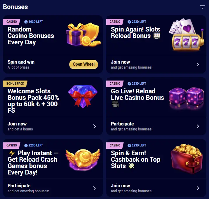 Bonuses available at Spinay Casino
